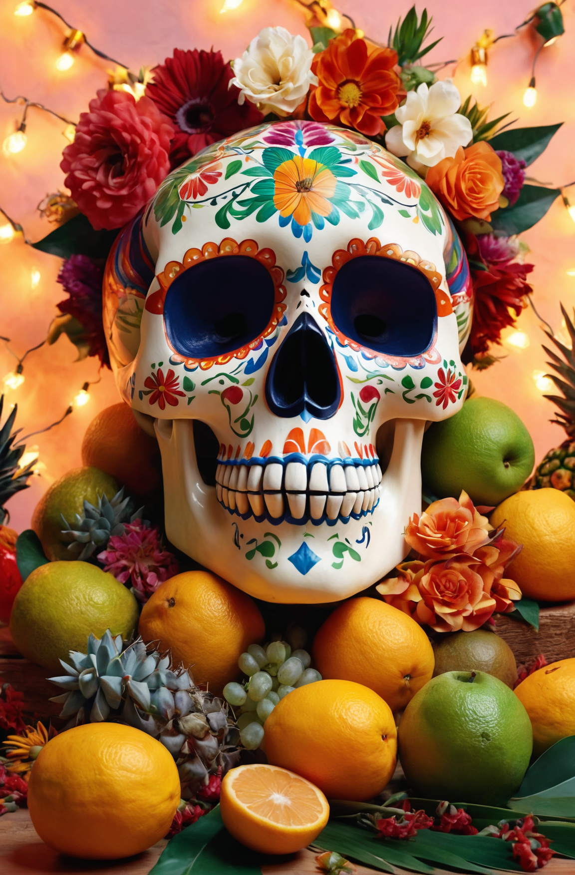 stunning still-life photo render of a Mexican Skull Calavera, surrounded by poetic ornamental elements such as fruits, flo...